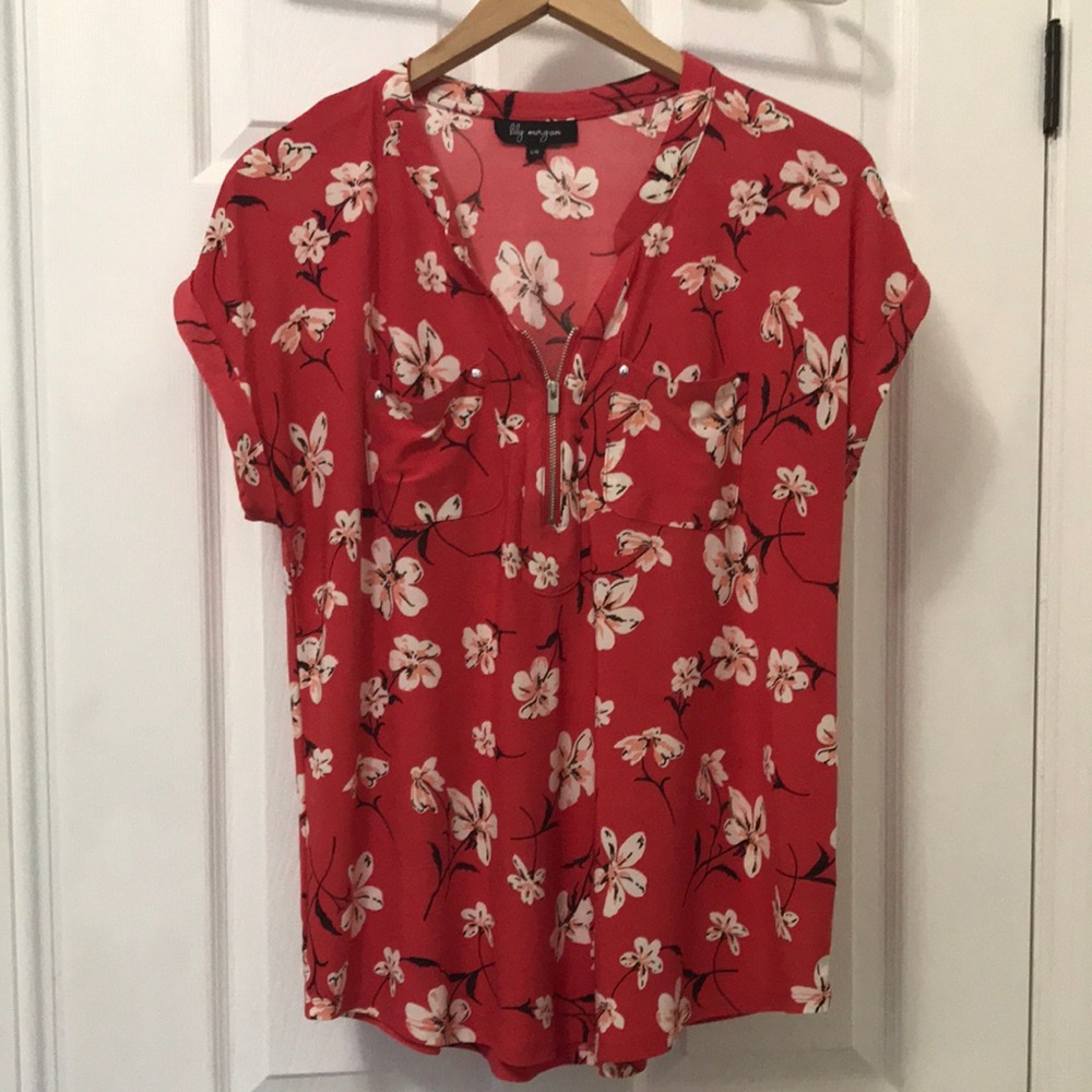 Red Mandarin Collar floral Blouse with Cuffed Sleeves